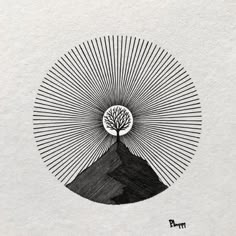 a black and white drawing of a tree on top of a mountain with the sun in the background