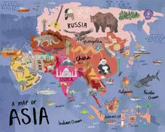 an illustrated map of the world with animals and places in each country's borders