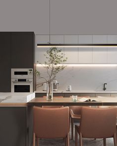 a modern kitchen with marble counter tops and wooden chairs