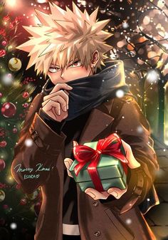 an anime character holding a present in front of a christmas tree with lights on it