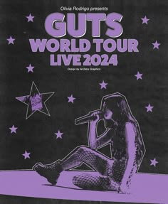 the poster for guts world tour, with a woman sitting in front of a microphone