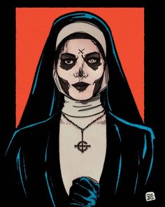 a painting of a nun holding a cross on her chest and wearing black gloves with red background