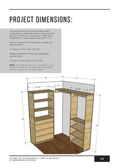 the plans for a closet with shelves and drawers are shown in this manual, which shows how