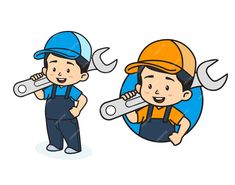 two workers with wrenches on their shoulder and one holding a wrench in his hand