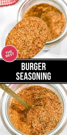 two glass jars filled with burger seasoning on top of a table