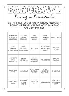 a printable bar crawl game with the words, be the first to get five in a row and get a round of shots on the host