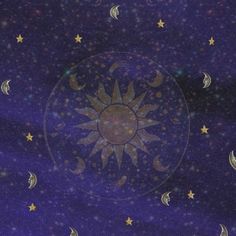 an image of the sun and moon with stars in the night sky above it on a purple background