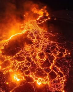 an aerial view of the lava flow at night