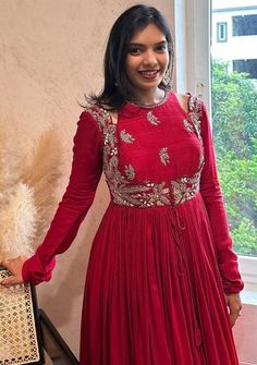 High Neck Anarkali Dress, Indian Designer Anarkali Dresses, Indian Simple Dresses Casual, Anarkali Dress Back Neck Designs, Frock Neck Designs For Women, Long Dresses Indian Style, Anarkali Dress Ideas, Full Sleeve Anarkali, Georgette Frocks