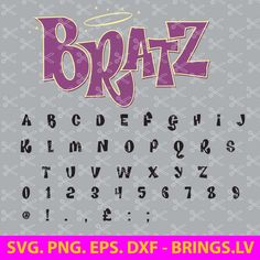 the word bratz is written in purple and black ink on a gray background with white stars