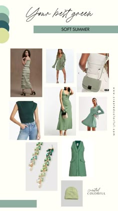 Spring is here, and so are the colors some of us tend to avoid 😅 . Have you written off wearing green? It’s all about finding the best shade for your features, friend!    A Soft Summer would rock these shades of green!  Don’t know your surface tones, undertone tones or best colors? We do virtual color analysis! Green For Soft Summer, Soft Summer Color Palette Fall Outfits, Soft Summer Outfits Inspiration Style, Soft Summer Neutrals, Soft Summer Green, Cool Tone Outfits