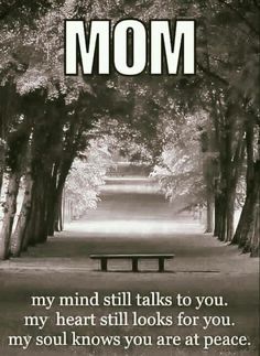 a black and white photo with the words mom in front of an empty park bench