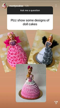 three pictures of barbie dolls in dresses and tiaras, one has a cake on it