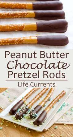 peanut butter chocolate pretzel rods on a plate with sprinkles