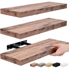 two wooden shelves are shown with different colors and sizes to match the wood flooring