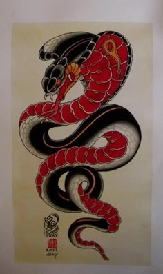 a drawing of a red and black snake on white paper with chinese writing in the background