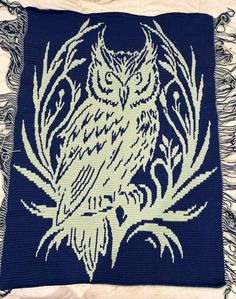 an owl is sitting on top of a blue and white blanket with fringes around it