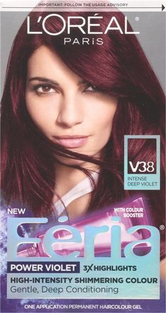 Feria by L'Oreal Paris gives you cutting-edge, multi-faceted, shimmering color that never wrecks or ravages. L'Oreal Paris Feria Shimmering Permanent Hair Color, V38 Violet Noir (Intense Deep Violet), 1 kit; Feria by L'Oréal Paris gives you cutting-edge, multi-faceted, shimmering color for vibrant, healthy-looking hair Feria's Bonding Care Complex Conditioner helps repair hair's strength; Helps protect fragile hair bonds Delivers trendy, edgy, shimmering, fashionable and multi-tonal hair colors Deep Violet Hair Color, Deep Violet Hair, Plum Brown Hair, Brown Hair Pale Skin, Pelo Color Vino, Burgandy Hair, Violet Hair Colors, Hair Pale Skin, Violet Hair