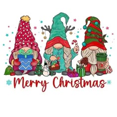 three gnomes with christmas gifts and the words merry christmas