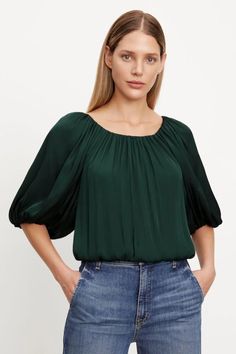 #ad Premium VELVET By Graham & Spencer Tami Satin Puff Sleeve Top Fern S $229 F10, Fashion womens top Party Blouse, Short Puff Sleeve, Cami Nyc, Fern Green, Puff Sleeve Top, Fern, Juicy Couture, Style Guides