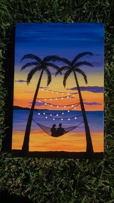 a painting of two people sitting in a hammock under palm trees