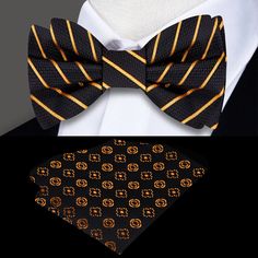 Introducing the ultimate accessory for the sophisticated gentleman - the black and gold pinstripe silk bow tie. This sleek and elegant bow tie is crafted from the finest silk and boasts a luxurious sheen that catches the light in all the right places, highlighting the subtle details of its classic pinstripe pattern. Available in both self-tie and pre-tied options, this bow tie is perfect for bow tie enthusiasts of all levels. The black and gold color scheme is bold and striking, making it the pe Gold Satin Bow Tie For Black-tie Events, Dapper Gold Bow Tie For Formal Occasions, Gold Dapper Bow Tie For Formal Occasions, Yellow Fitted Bow Tie For Formal Occasions, Classic Black Bow With Butterfly Knot, Formal Gold Suit And Tie Accessories With Decorative Bow, Classic Gold Bow With Bow Tie Back, Formal Yellow Bow Tie, Classic Black Butterfly Knot Bow