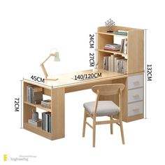 a desk with a book shelf and chair next to it