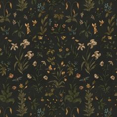 a black wallpaper with various flowers and leaves on the bottom half of it,