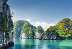 there are many small boats in the water near some mountains and trees on the shore