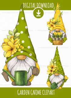 garden gnome clipart with yellow flowers and green hat