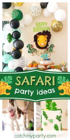 safari party ideas for kids with balloons, cake and jungle animals on the table in front of them