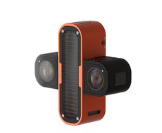 an orange and black camera is attached to the back of another camera with two lenses