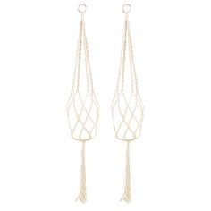 two white earrings with tassels hanging from the side, one is made out of wire