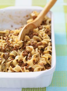 a casserole dish filled with pasta and ground beef