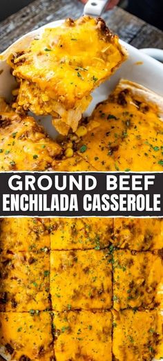 ground beef enchilada casserole in a white dish with text overlay