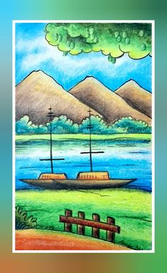 a drawing of a boat on the water with mountains in the background and a bench to the side