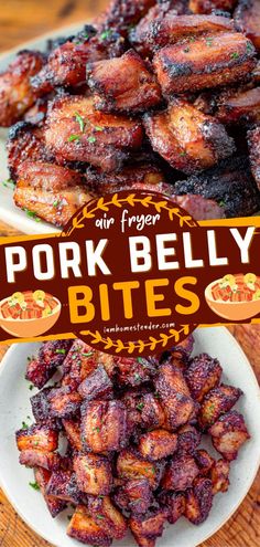 pork belly bites on a white plate with an air fryer sign in the background