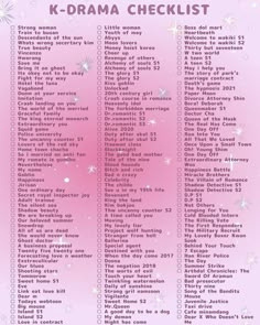 the k - drama checklist is shown in pink with stars and sparkles on it