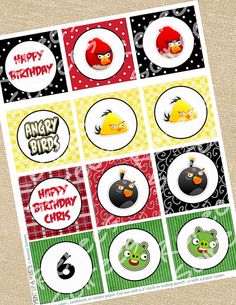 the angry birds birthday cupcake toppers are on display in this printable package