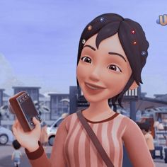 an animated woman holding a cell phone in her hand and smiling at the camera,