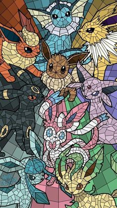 a stained glass window with many different types of pokemons