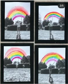 four polaroid pictures of people standing in front of a rainbow