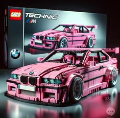 a pink car made out of legos is shown in front of a box that says technic