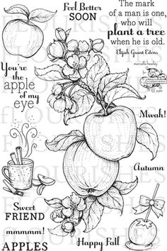 a clear rubber stamp with an apple and coffee cup on it, saying happy fall