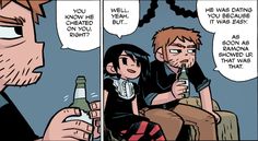 a comic strip with an image of two people talking and one is holding a beer