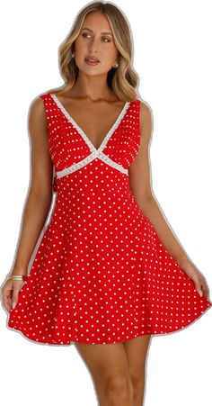 Fitted Polka Dot Mini Dress For Beach, Polka Dot A-line Mini Dress For Summer, Polka Dot Sleeveless Mini Dress, Sleeveless Polka Dot Mini Dress, Polka Dot Sleeveless Lined Dress, Fitted Polka Dot Beach Dress, Summer Polka Dot A-line Mini Dress, Summer A-line Polka Dot Mini Dress, Red Fit And Flare Summer Dress