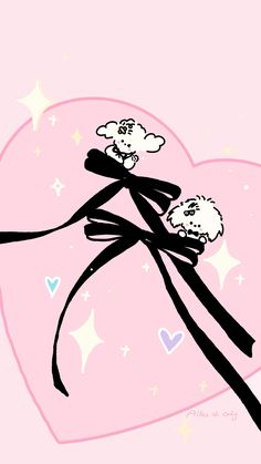 a pink heart with two sheep tied to it's sides and stars in the background