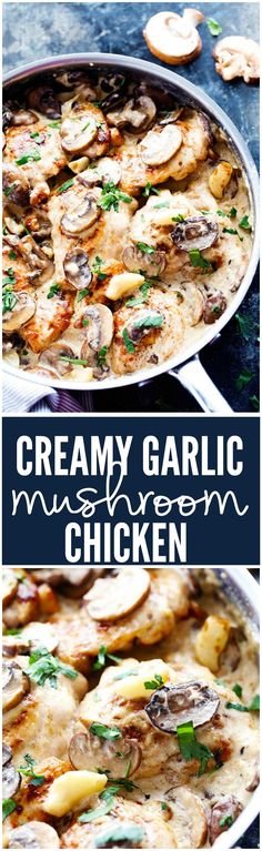 creamy garlic chicken with mushrooms and parsley in a skillet