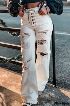 Olivia Mark - White light wash flared jeans with slits and button fly Premium Denim Jeans, High Waisted Flare Jeans, Flare Denim Jeans, High Waisted Flares, Button Fly Jeans, Women Denim Jeans, Bellini, Bell Bottom, Flared Jeans