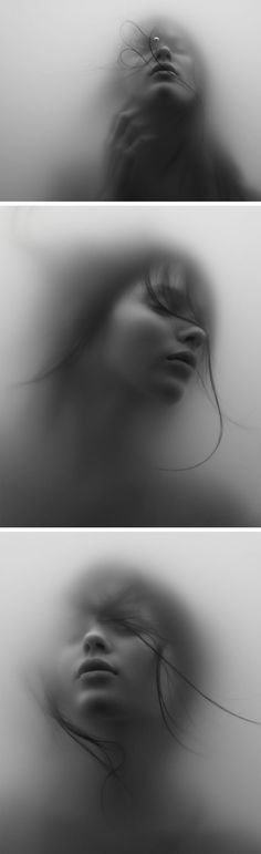 two images of a woman's face in the fog